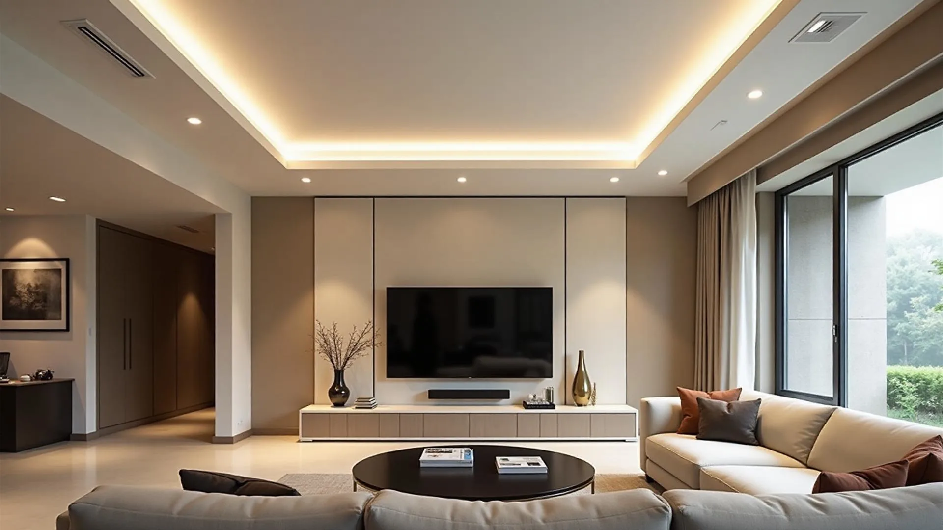 Sala moderna com forro de gesso rebaixado iluminação LED embutida spots direcionáveis acabamento premium - Gesso Center Campinas SP